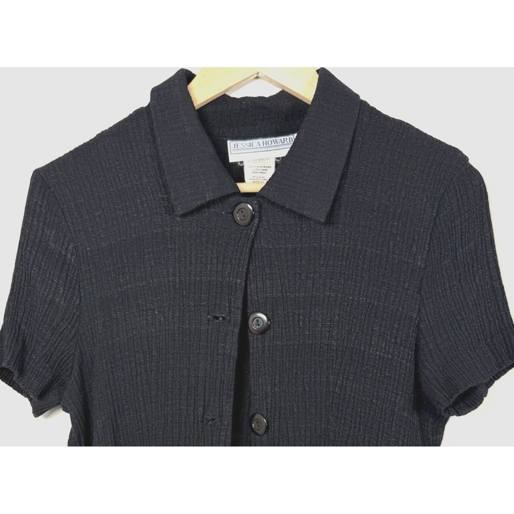 Vintage Jessica Howard Black Crinkle Knit Short Sleeve Button Up Shirt‎ Top 12